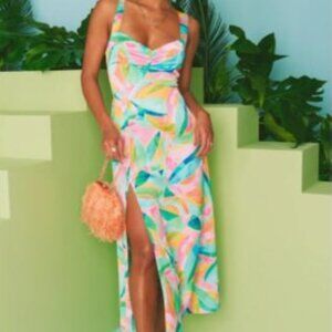 Show Me Your MuMu Mina Midi Dress Tropicana Burst Luxe Satin XS